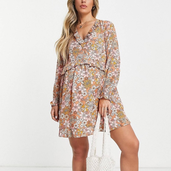 Wednesday's Girl Maternity mini smock dress in retro autumnal floral - Picture 1 of 4